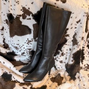 NINE WEST Black Leather Boots, High Heel & To The Knee, Size 7.5 **NEVER WORN!**